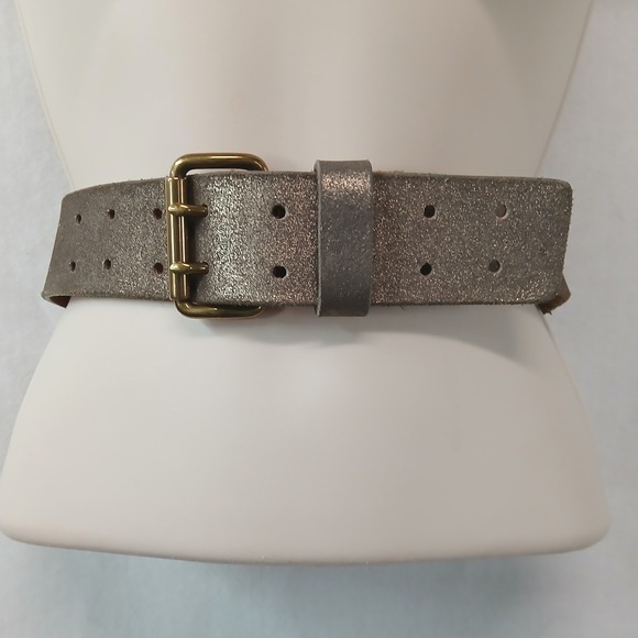 J.Crew Accessories - J. Crew Metallic Bronze Italian Leather Double Prong Brass Buckle Belt Wide